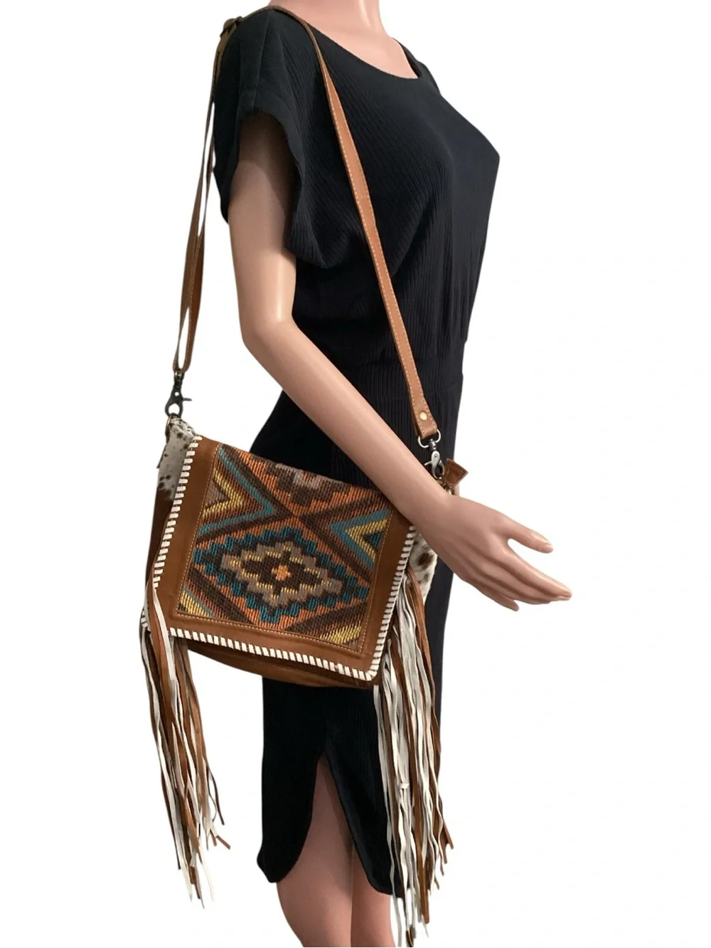 Myra Bag Boho Chic Style Leather & Hairon Bag Fringed Aztec Weaved Upcycled